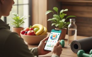 Personne utilisant une application de santé entourée d'éléments de bien-être.