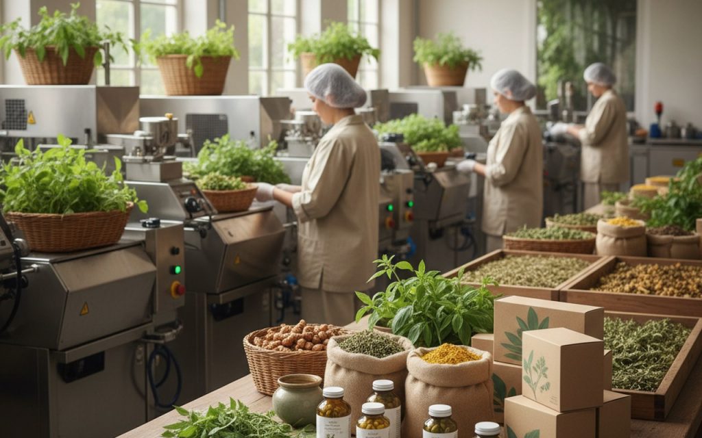 Fabrication de compléments alimentaires ayurvédiques en France avec des plantes médicinales.