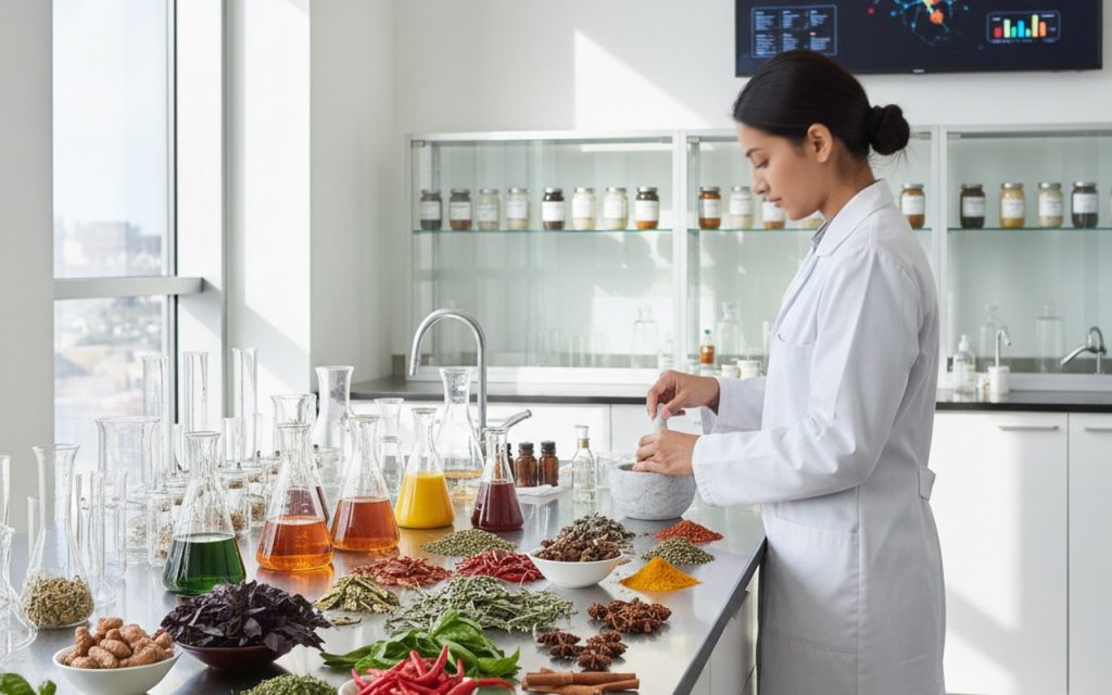 Production de cosmétiques ayurvédiques avec des ingrédients naturels en France.