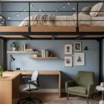 Chambre adulte avec lit mezzanine et espace de travail en dessous, optimisant l'espace.