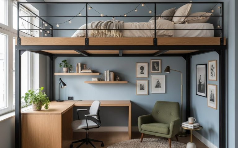 Chambre adulte avec lit mezzanine et espace de travail en dessous, optimisant l'espace.
