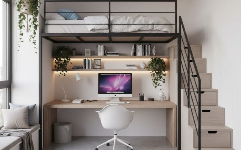 Chambre mezzanine adulte avec espace de travail en dessous, optimisée pour le confort.