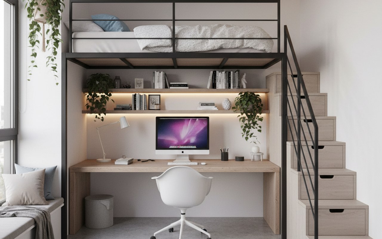 Chambre mezzanine adulte avec espace de travail en dessous, optimisée pour le confort.