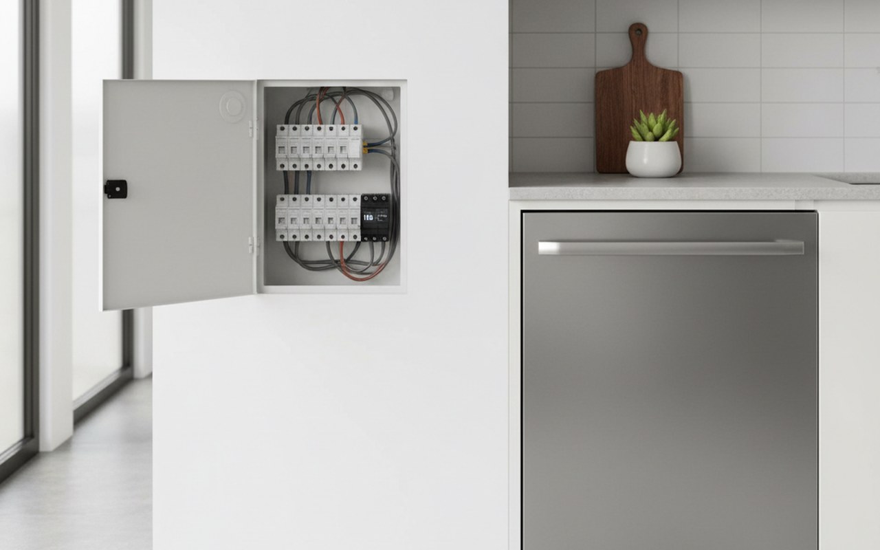Disjoncteur 16A dans un tableau électrique avec un lave-vaisselle moderne en arrière-plan.