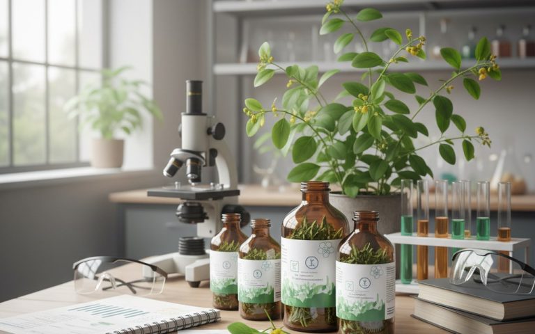 Scène de laboratoire avec des flacons de Gymnema sylvestre et des documents de recherche sur les effets secondaires.