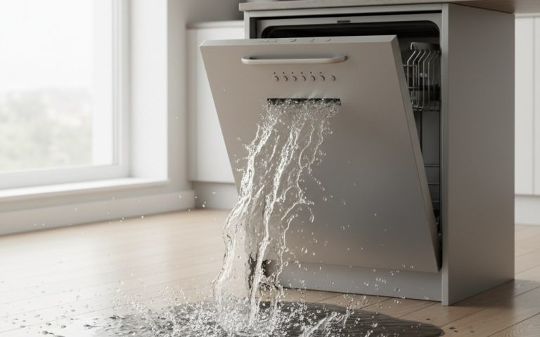 Lave-vaisselle en fonctionnement avec éclaboussures d'eau, illustrant une fuite potentielle.