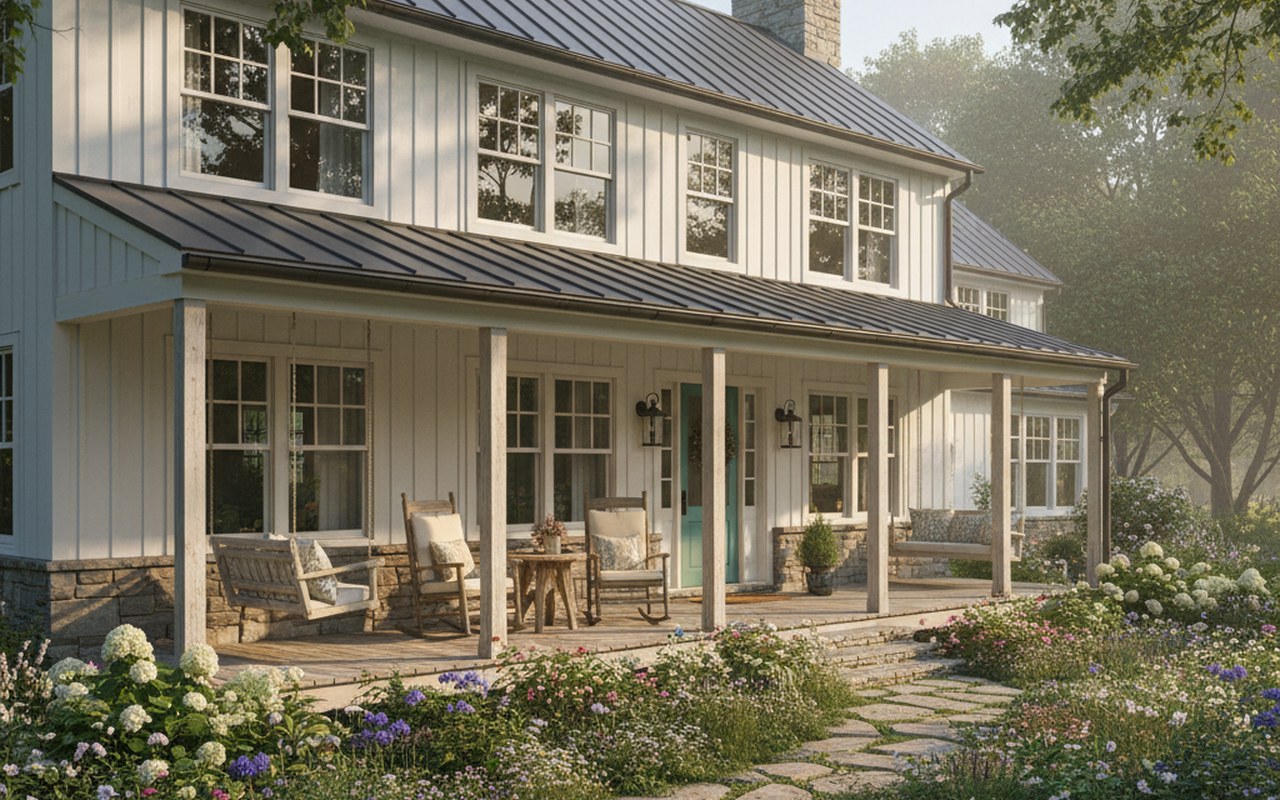 Maison américaine de style Farmhouse avec un grand porche et jardin verdoyant.