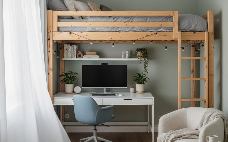 Chambre adulte avec lit mezzanine et espace bureau sous le lit