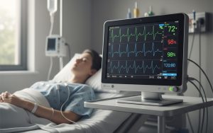Moniteur cardiaque affichant des données vitales dans un environnement hospitalier.