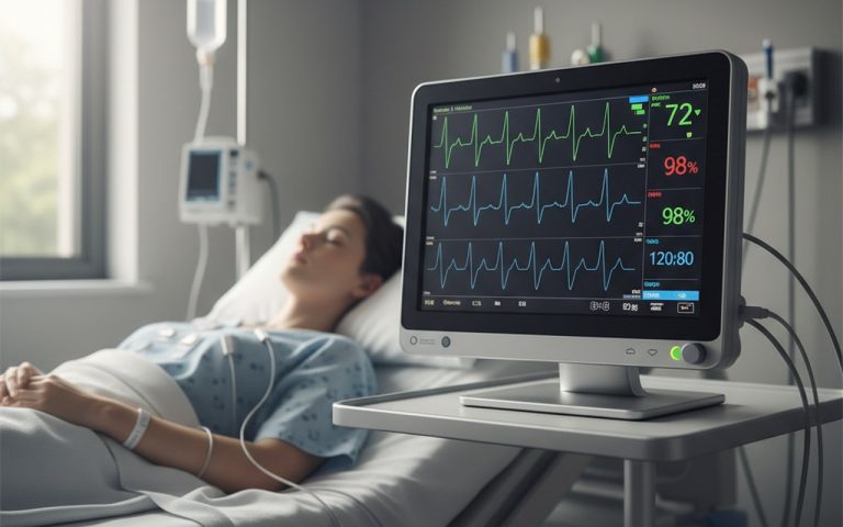 Moniteur cardiaque affichant des données vitales dans un environnement hospitalier.