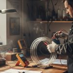 Technicien testant un tube néon avec un multimètre pour diagnostiquer une panne.
