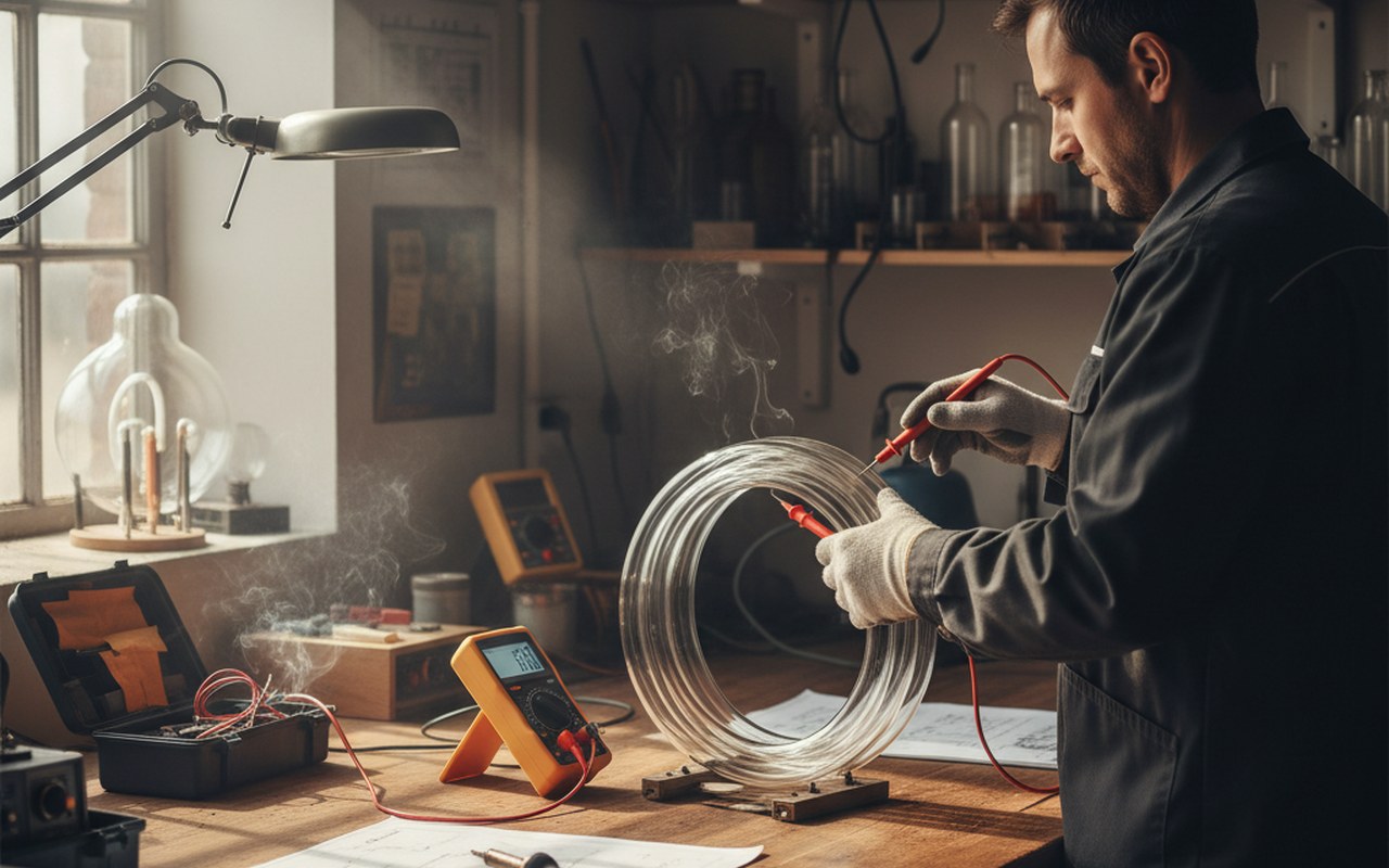 Technicien testant un tube néon avec un multimètre pour diagnostiquer une panne.