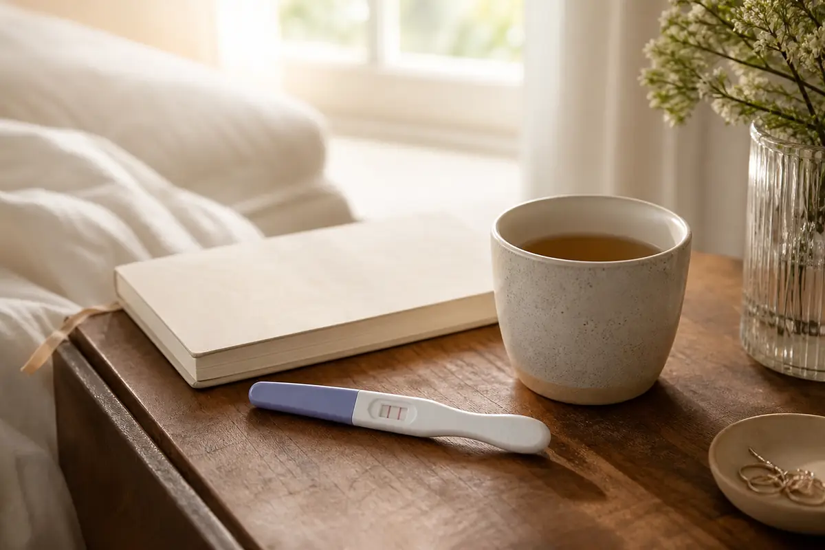 Test de grossesse posé sur une table de chevet dans une ambiance douce et rassurante